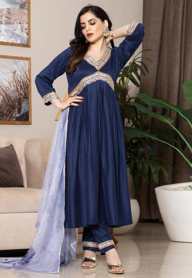 Navy Blue Chinon Readymade Anarkali Suit