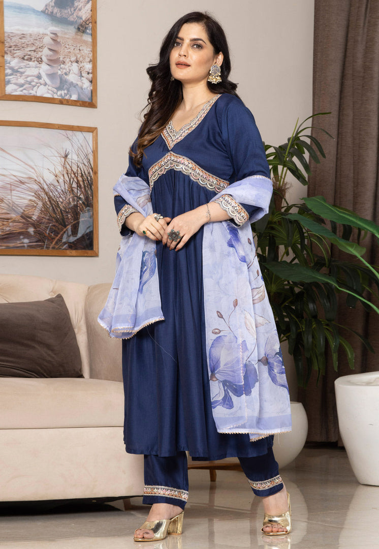 Navy Blue Chinon Readymade Anarkali Suit
