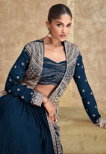 Load image into Gallery viewer, Navy Blue Chinon Silk Indo Western Lehenga Choli
