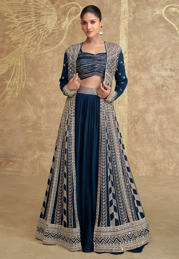 Navy Blue Chinon Silk Indo Western Lehenga Choli