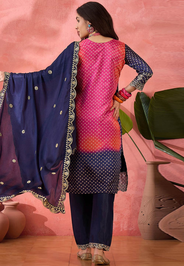 Navy Blue Chinon Silk Readymade Pant Style Suit