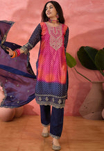 Load image into Gallery viewer, Navy Blue Chinon Silk Readymade Pant Style Suit
