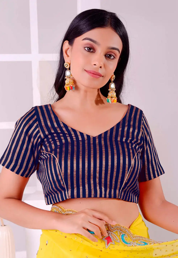 Navy Blue Cotton Jacquard Readymade Blouse