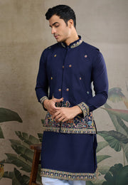 Navy Blue Cotton Kurta Pajama With Jacket