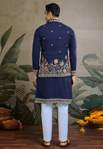 Load image into Gallery viewer, Navy Blue Cotton Kurta Pajama With Jacket
