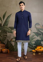 Load image into Gallery viewer, Navy Blue Cotton Kurta Pajama With Jacket
