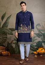 Load image into Gallery viewer, Navy Blue Cotton Kurta Pajama With Jacket
