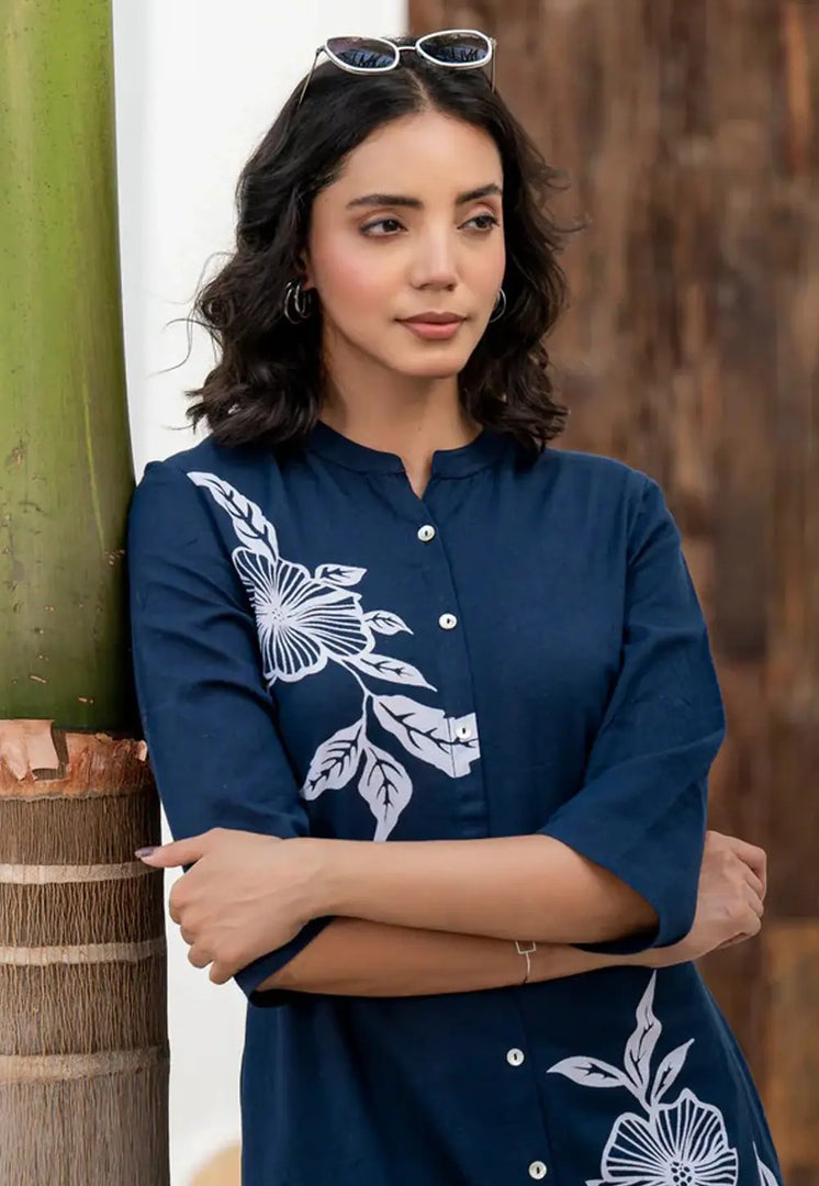 Navy Blue Cotton Kurta Set With Palazzo