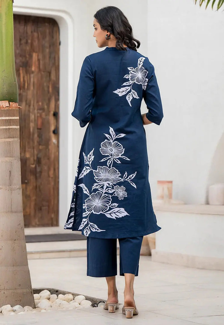 Navy Blue Cotton Kurta Set With Palazzo