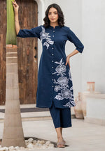 Load image into Gallery viewer, Navy Blue Cotton Kurta Set With Palazzo

