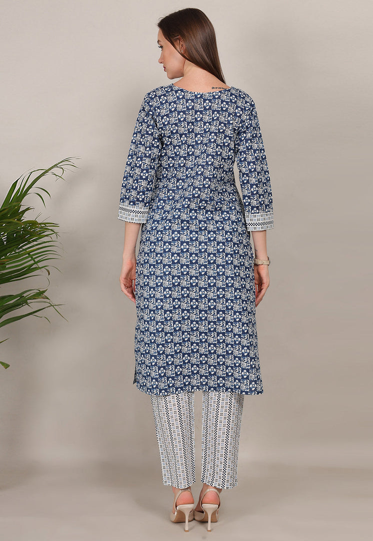 Navy Blue Cotton Kurta Set With Pant