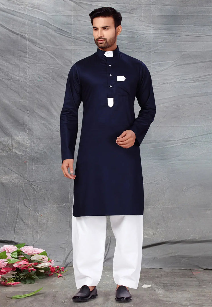Navy Blue Cotton Pathani Suit