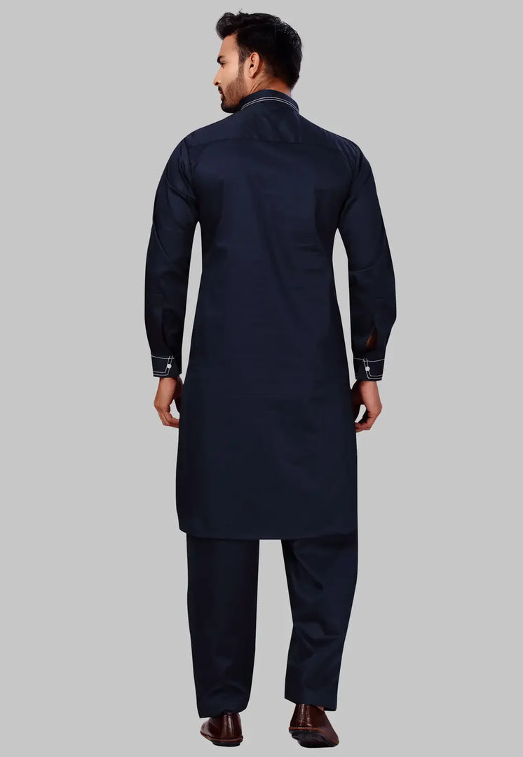 Navy Blue Cotton Pathani Suit