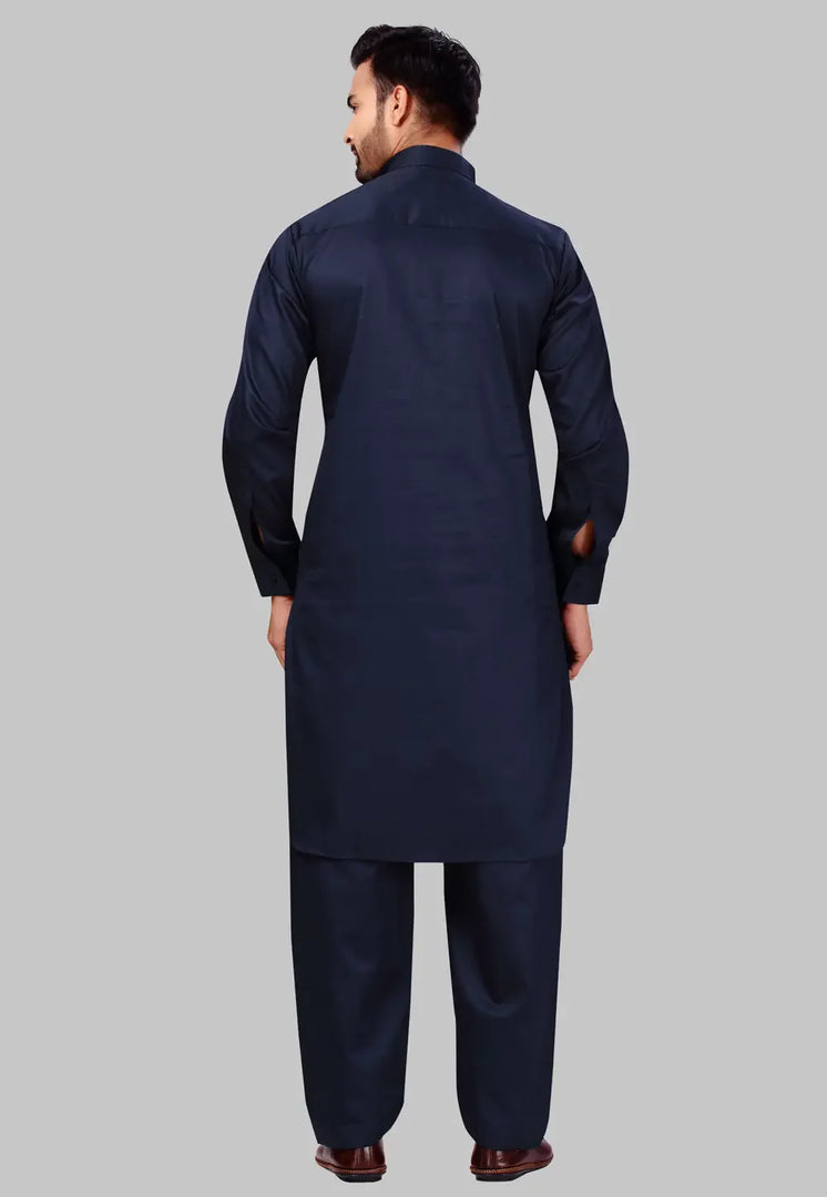 Navy Blue Cotton Pathani Suit