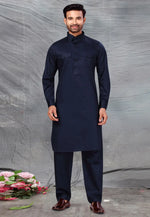 Load image into Gallery viewer, Navy Blue Cotton Pathani Suit
