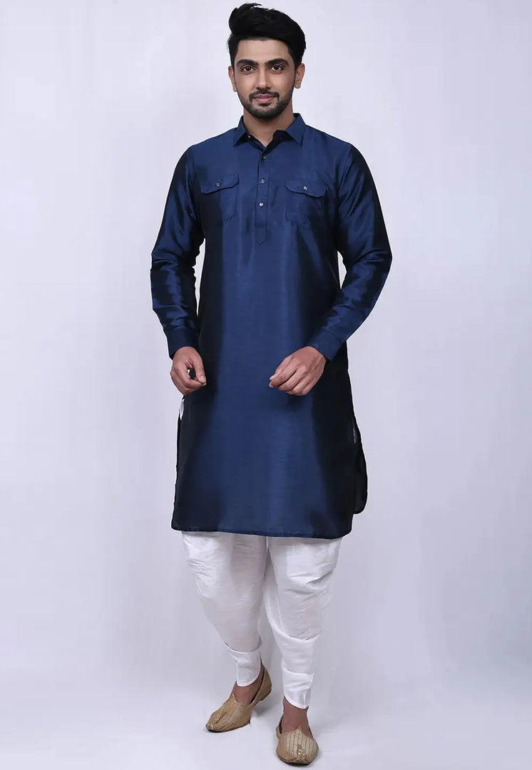 Navy Blue Cotton Pathani Suit