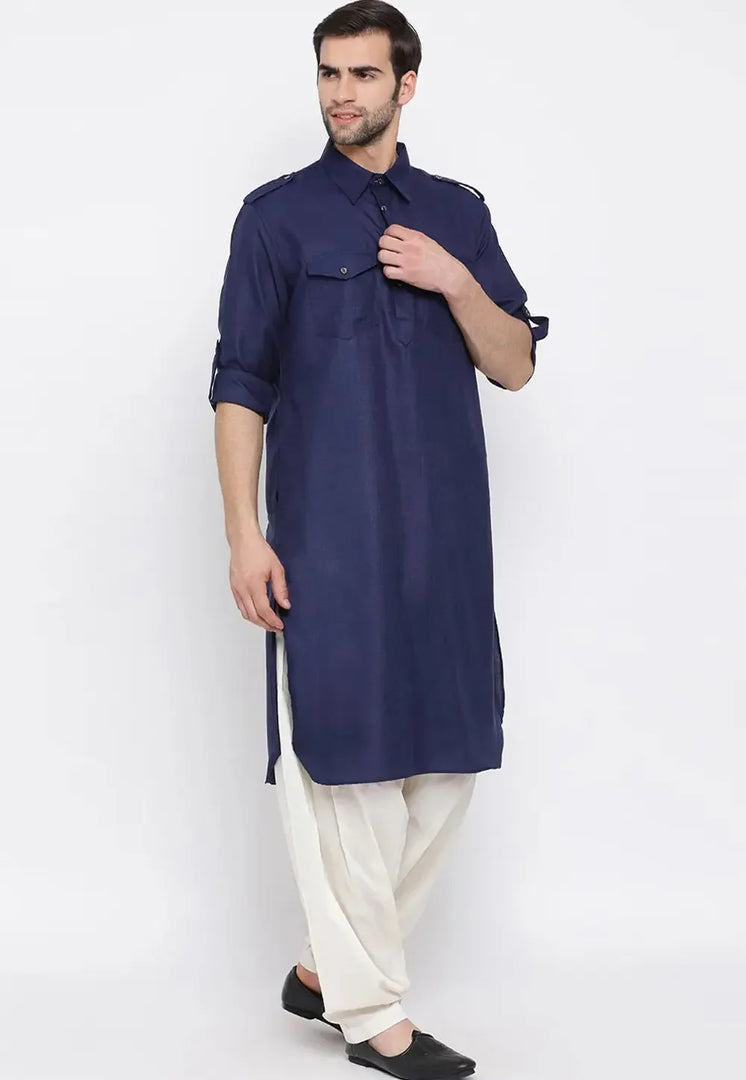 Navy Blue Cotton Pathani Suit