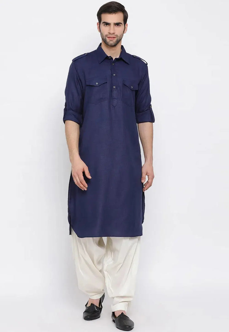 Navy Blue Cotton Pathani Suit