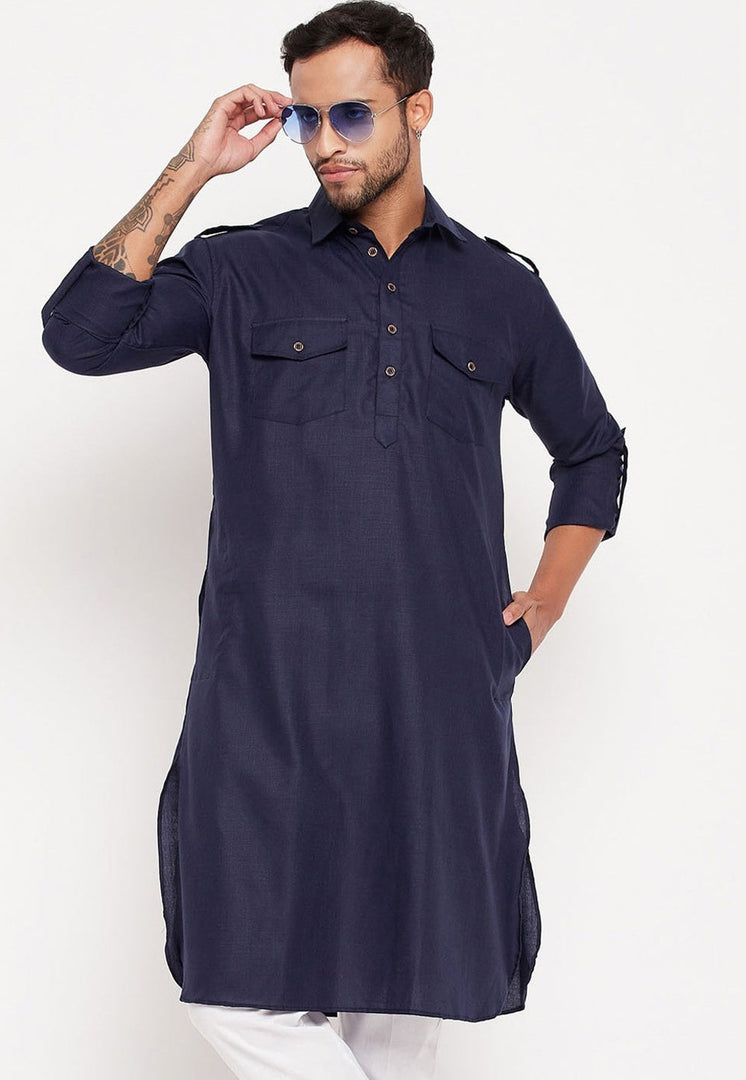 Navy Blue Cotton Pathani Suit
