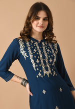 Load image into Gallery viewer, Navy Blue Cotton Rayon Kurta Set With Pent
