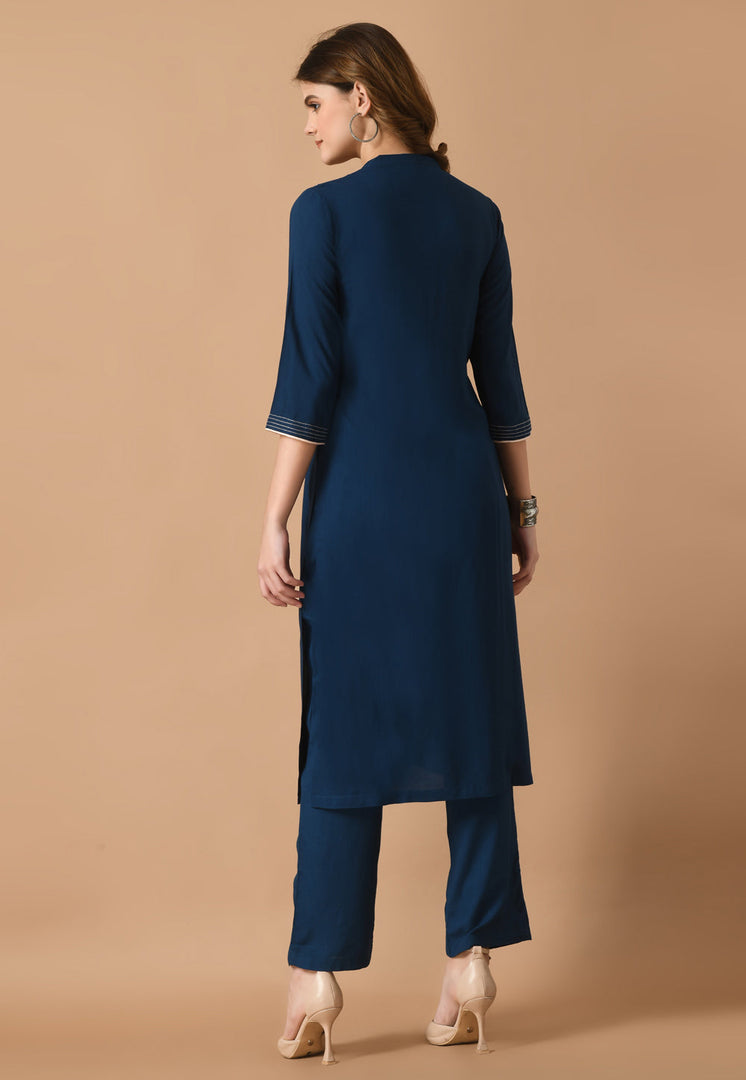 Navy Blue Cotton Rayon Kurta Set With Pent