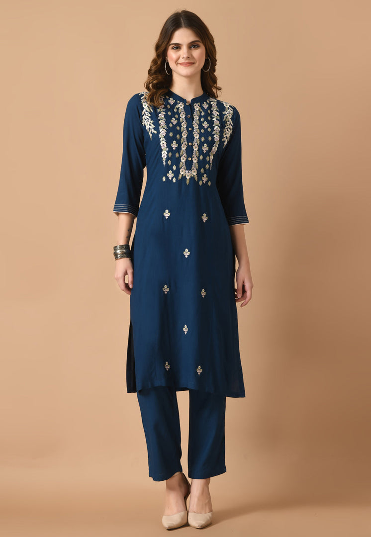 Navy Blue Cotton Rayon Kurta Set With Pent