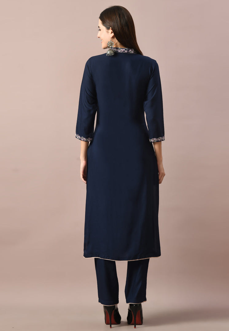 Navy Blue Cotton Rayon Kurta Set With Pent