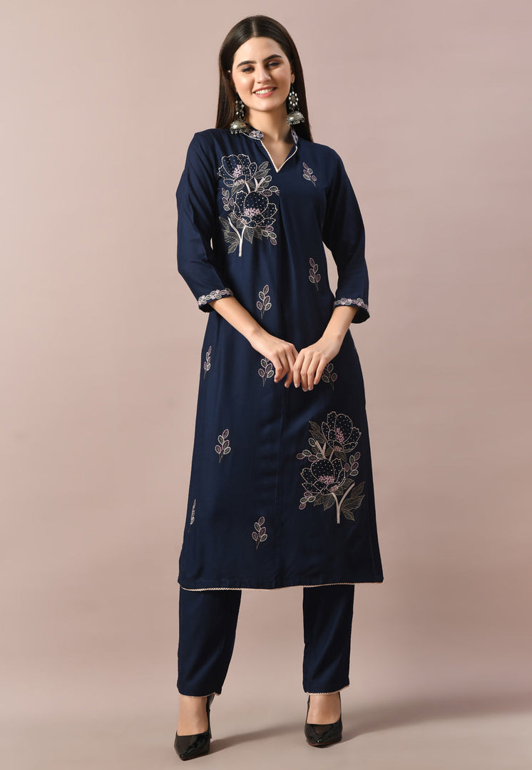 Navy Blue Cotton Rayon Kurta Set With Pent