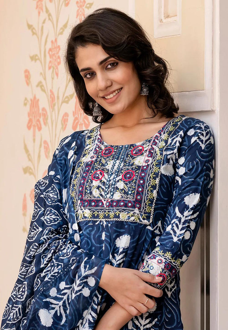 Navy Blue Cotton Readymade Anarkali Suit
