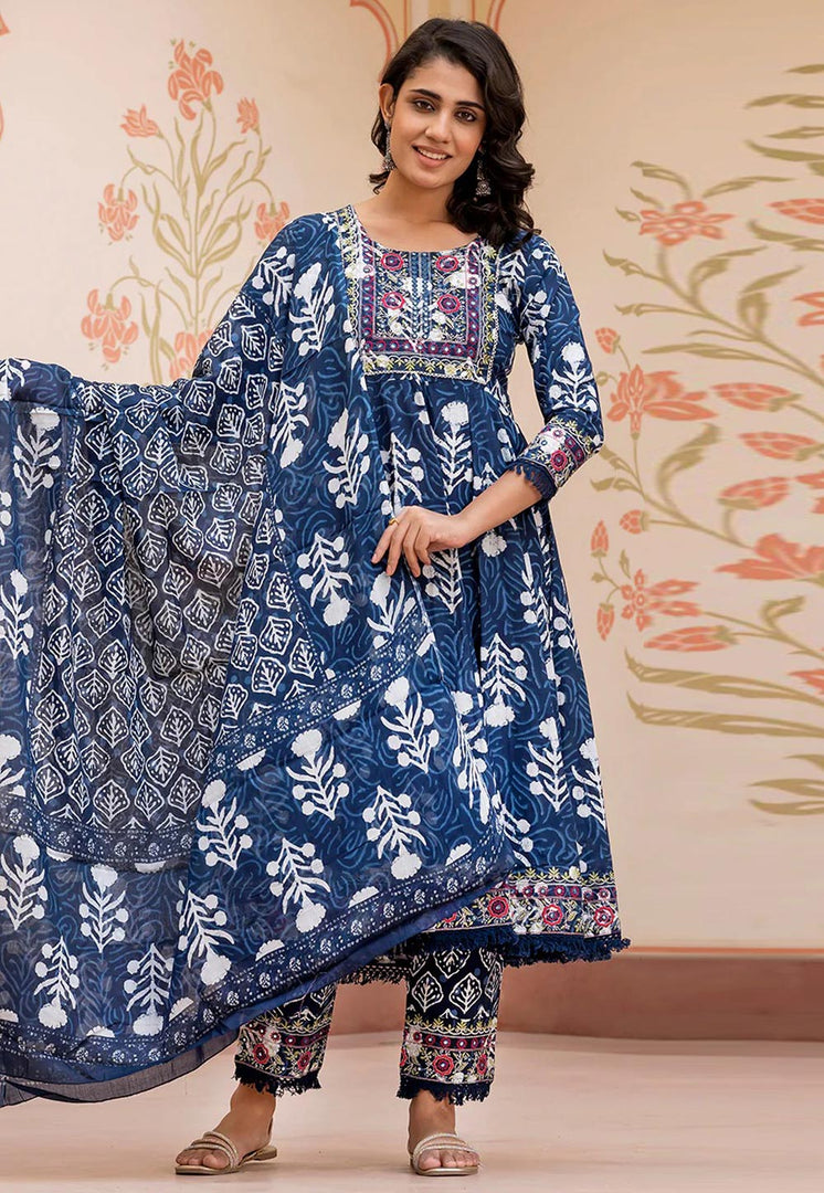Navy Blue Cotton Readymade Anarkali Suit
