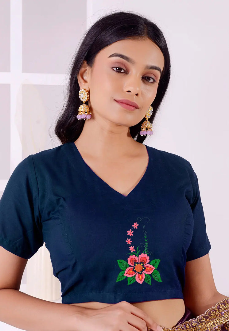 Navy Blue Cotton Readymade Blouse