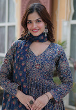 Load image into Gallery viewer, Navy Blue Cotton Readymade Long Anarkali Suit

