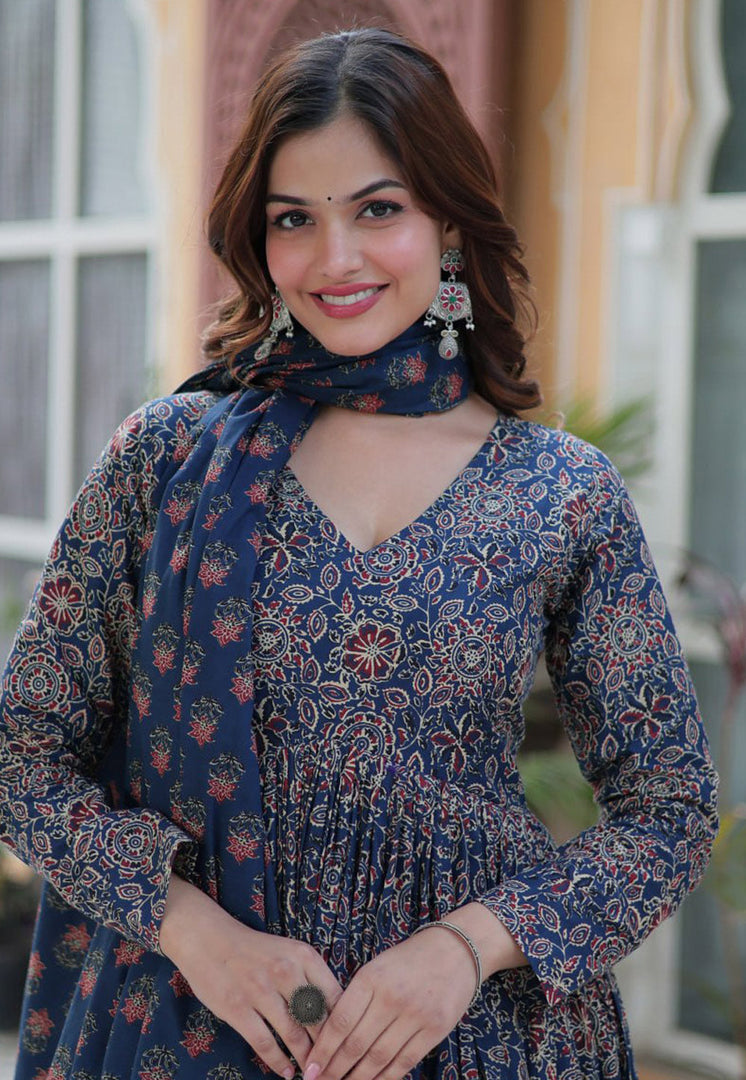 Navy Blue Cotton Readymade Long Anarkali Suit