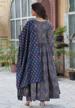 Load image into Gallery viewer, Navy Blue Cotton Readymade Long Anarkali Suit
