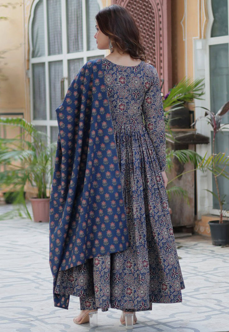 Navy Blue Cotton Readymade Long Anarkali Suit