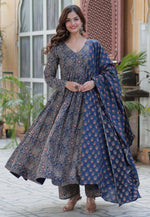 Load image into Gallery viewer, Navy Blue Cotton Readymade Long Anarkali Suit
