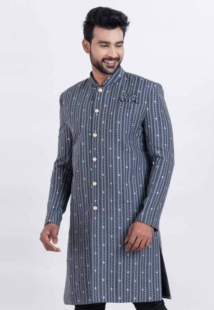 Navy Blue Cotton Silk Indo Western Suit