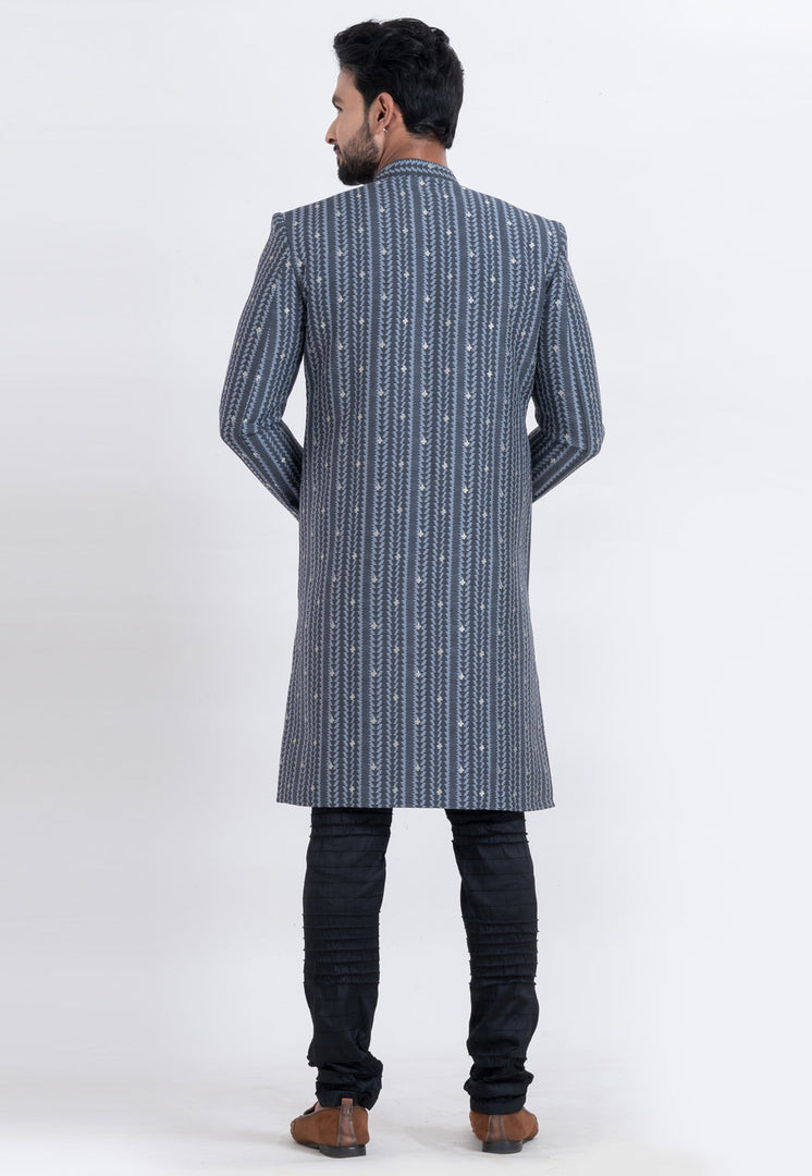 Navy Blue Cotton Silk Indo Western Suit