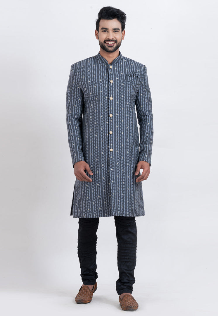 Navy Blue Cotton Silk Indo Western Suit