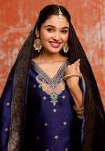 Load image into Gallery viewer, Navy Blue Cotton Silk Readymade Pant Style Suit

