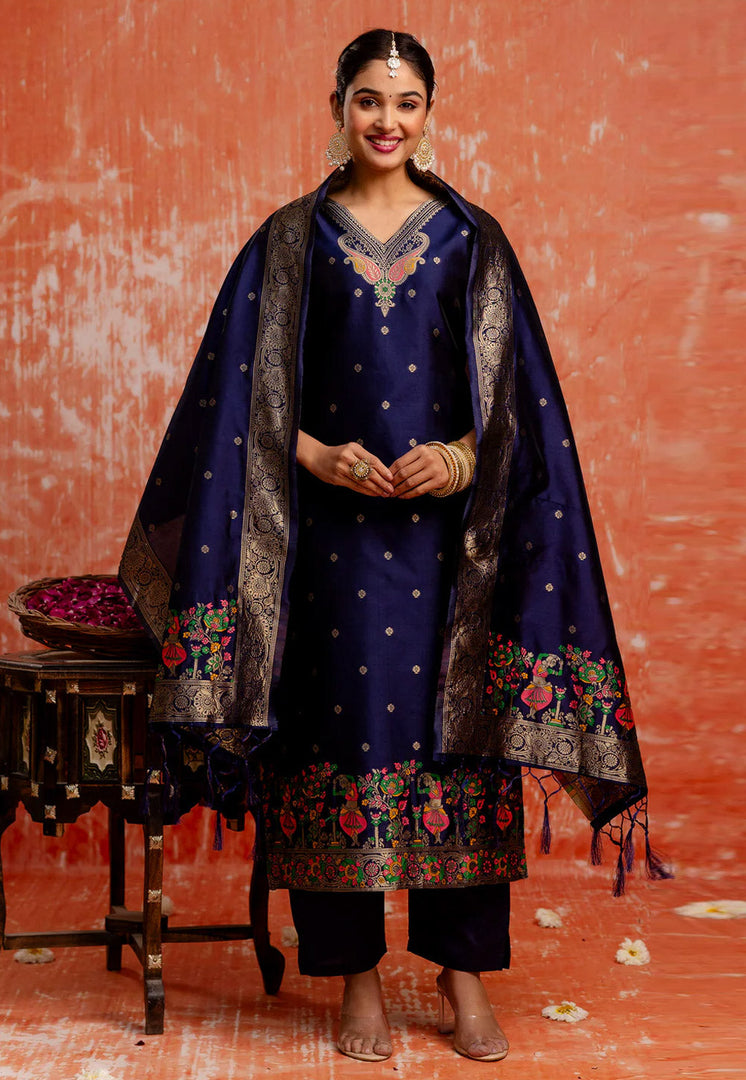 Navy Blue Cotton Silk Readymade Pant Style Suit