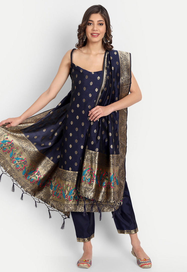 Navy Blue Cotton Silk Readymade Pant Style Suit