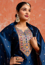 Load image into Gallery viewer, Navy Blue Cotton Silk Readymade Pant Style Suit
