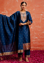 Load image into Gallery viewer, Navy Blue Cotton Silk Readymade Pant Style Suit
