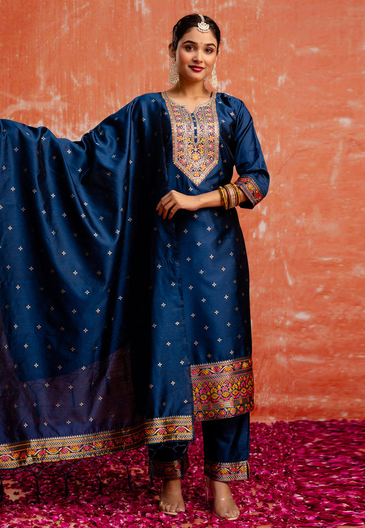 Navy Blue Cotton Silk Readymade Pant Style Suit