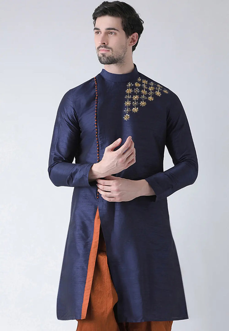 Navy Blue Dupion Silk Dhoti Kurta