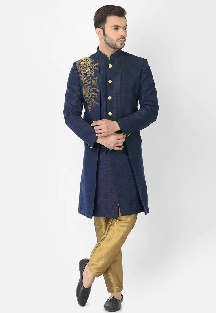Navy Blue Dupion Silk Indo Western Suit