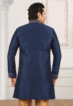 Load image into Gallery viewer, Navy Blue Dupion Silk Indo Western Suit
