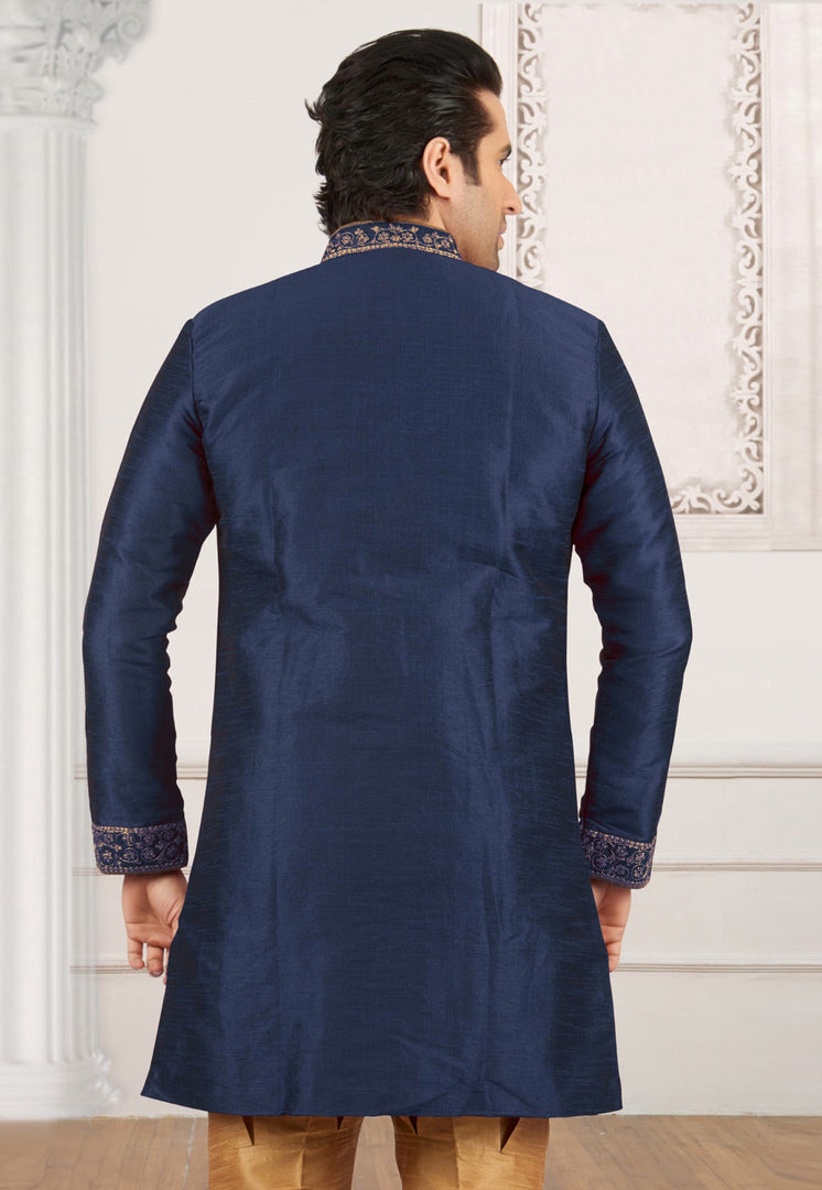 Navy Blue Dupion Silk Indo Western Suit