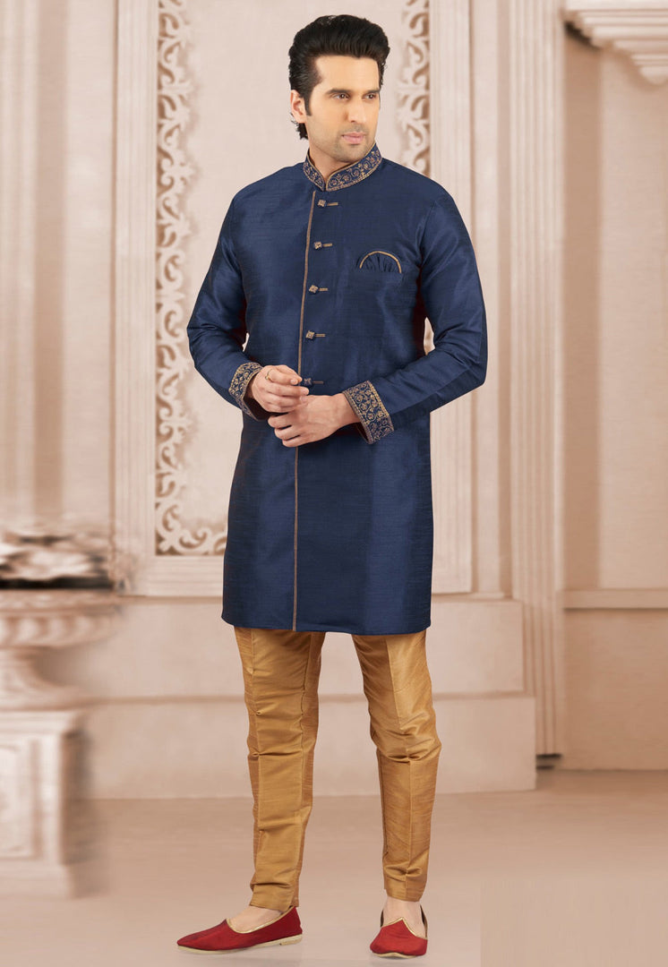 Navy Blue Dupion Silk Indo Western Suit